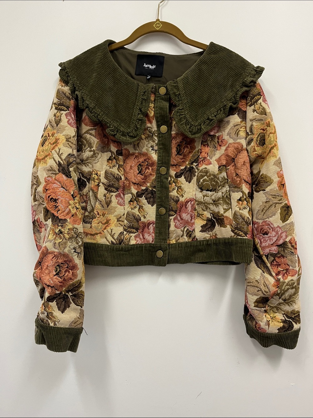 Jacquie the Label Olive Corduroy-Trim Floral Tapestry Bomber Jacket size L